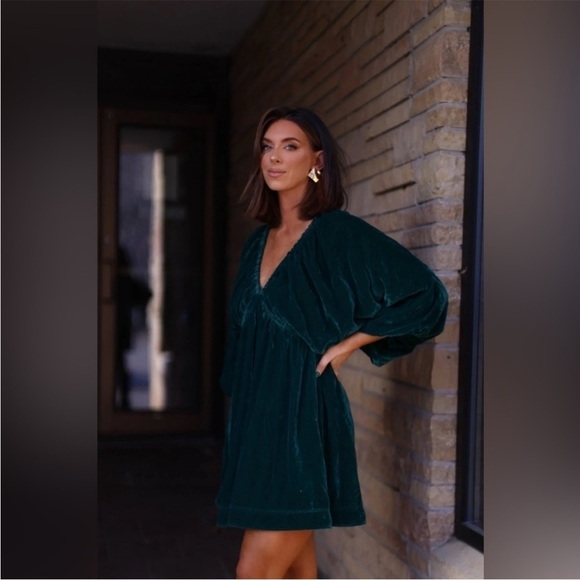 Free People Portia Velvet Mini Dress Babydoll Dress Cocktail Green NWT size S - Picture 5 of 8